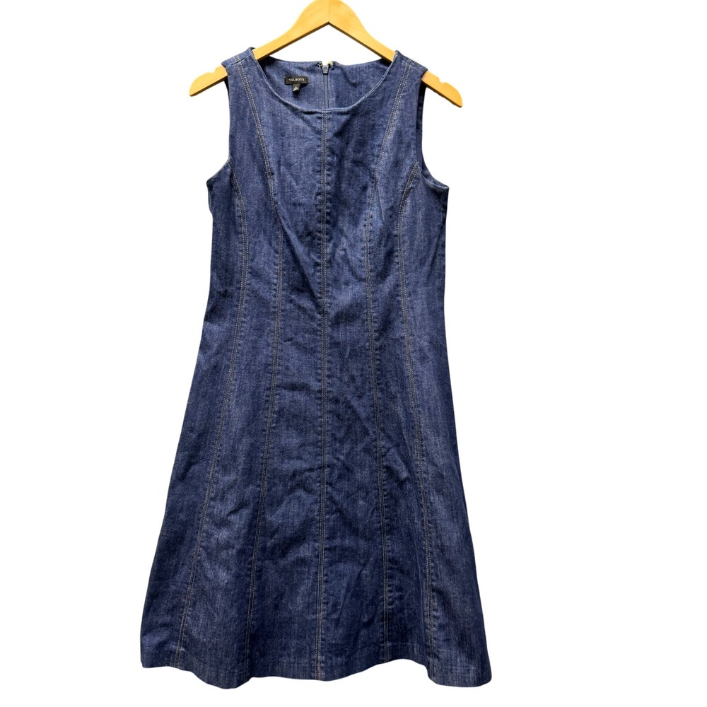 Talbots Dress Womens 4 Blue Denim Sleeveless Midi Structured Fit & Flare Zip Up